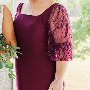 Mother of the Bride Long Burgundy Dress with Beaded sleeves Split to knee.